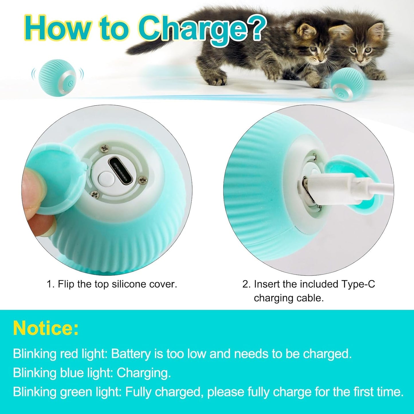 Interactive Cat Ball Toys,Self - Moving Automatic Rolling Ball for Indoor Cats and Dogs, USB Charging Pet Toy - MARRIABEE