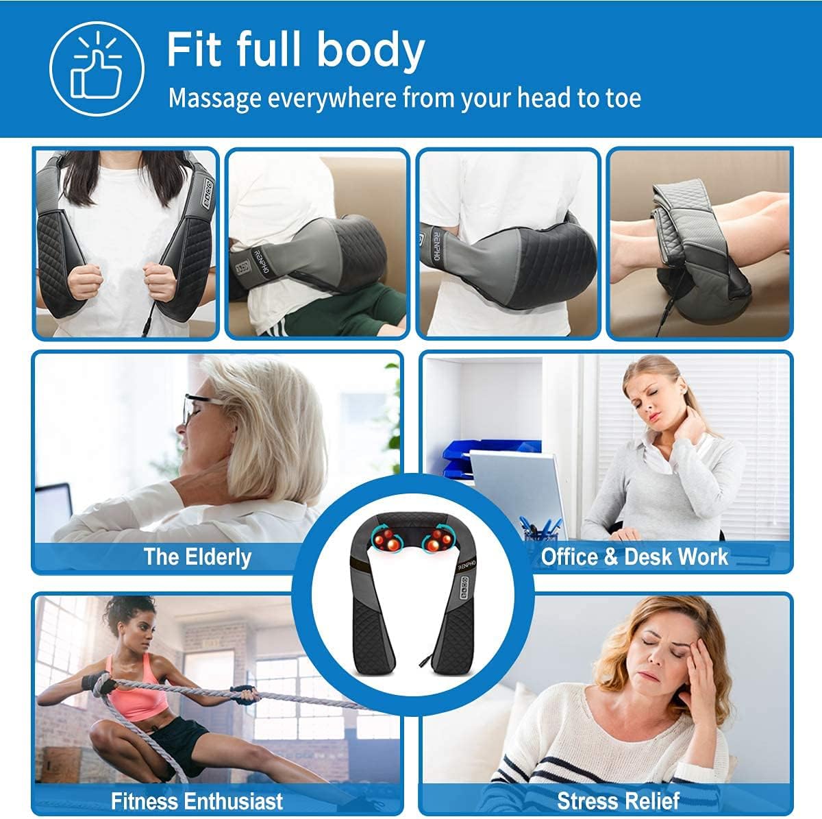 Neck Massager with Heat, Shoulder Massager with Electric Deep Tissue Kneading Massage, Back, Leg, Foot, Arm, Full Body,for Home, Car, Office - MARRIABEE